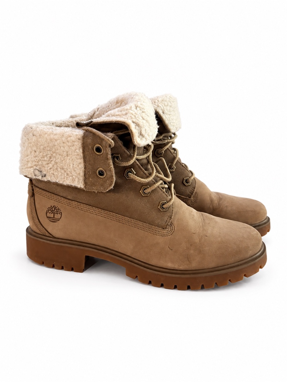 Timberland Women's Tan Nubuck Shearling Cuff Lace-Up Boots Size 6